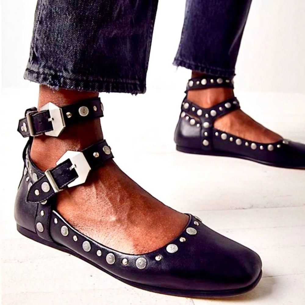 Free People Mystic Mary Jane Double Buckle Flat Black Leather Studded Ballet